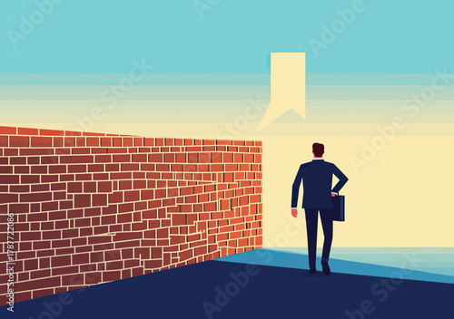 Businessman standing facing large blank brick wall obstacle symbolizing career challenge roadblock problem and professional struggle concept vector illustration in flat style