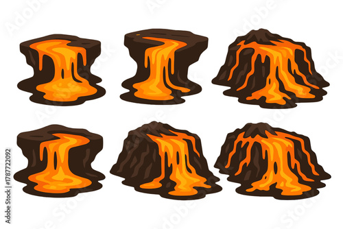 Stylized sequence illustrating various stages of volcanic lava flow progression