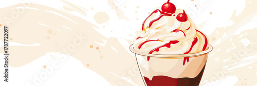 Close up of whipped cream and cherry topped chocolate sundae dessert in cup with sauce drizzle and splash background vector illustration flat minimalist style