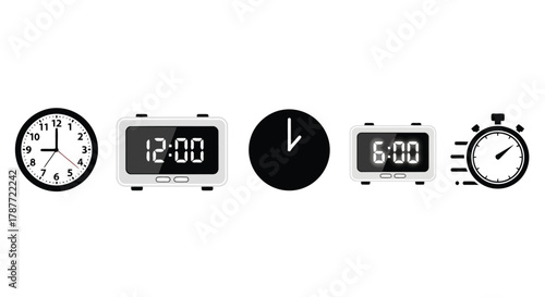 Vector art of collection of various clock icons, including analog, digital, and stopwatch designs, representing time, deadlines, and punctuality