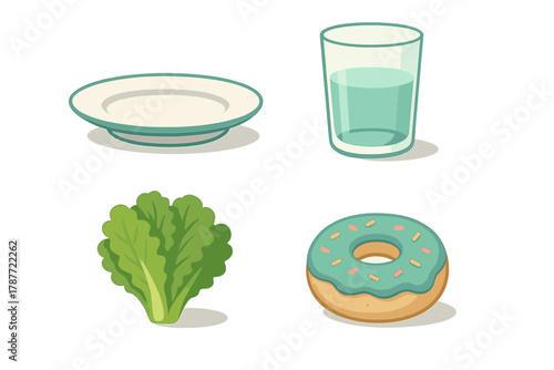 Plate glass water lettuce and frosted donut isolated objects
