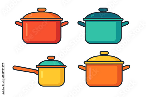 Colorful cooking pots and saucepans with lids icons set