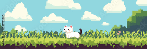 pixel art white cat walking on grass field with blue sky and clouds retro style video game background digital illustration vector