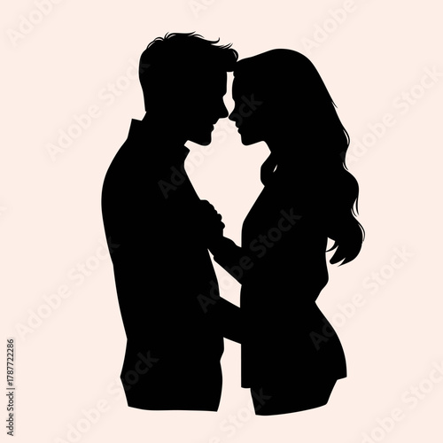 Silhouette of romantic couple facing each other embracing love connection tender moment intimate relationship affection passion black vector illustration