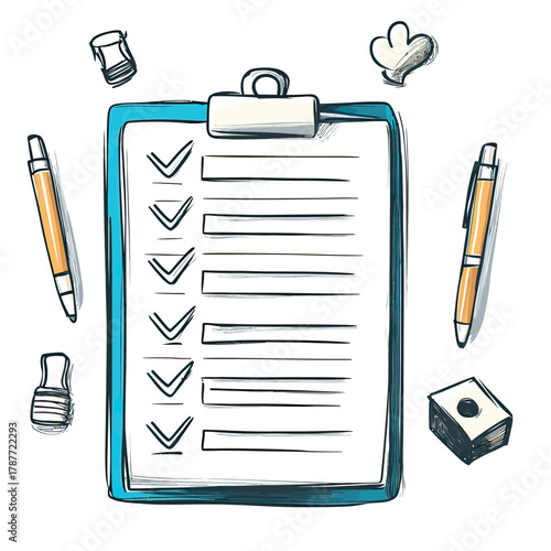 Hand drawn checklist on clipboard with pens and stationery doodle, sketch style task organizer and schedule planner concept vector illustration