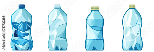 Set of four crumpled empty plastic water bottles in varying shapes and sizes with colored caps recycling environmental waste concept flat vector illustration