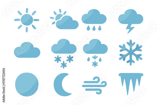 Blue weather forecast icons for sun, clouds, rain, snow, and wind
