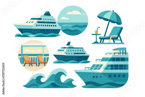 Set of stylized icons representing cruise ships and ocean travel vacation elements