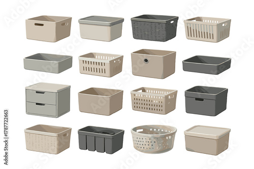 Assortment of modern storage containers and organizing bins in neutral colors