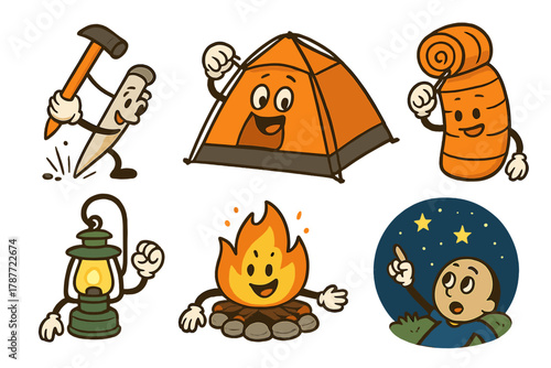 Anthropomorphic camping equipment icons for outdoor adventure and recreation