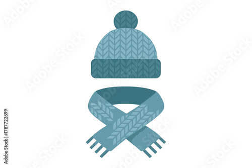 Blue knitted winter hat and crossed scarf set with chevron pattern isolated