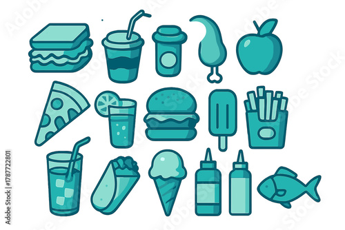 Monochrome teal icons of stylized fast food and popular snack items
