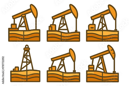 Oil pump jack and drilling rig icons above geological layers