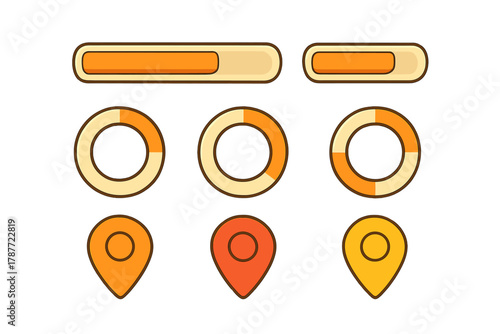 Orange and yellow progress bars donut charts and map pins elements