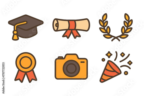 Graduation and celebration icons set featuring mortarboard diploma laurel wreath and camera