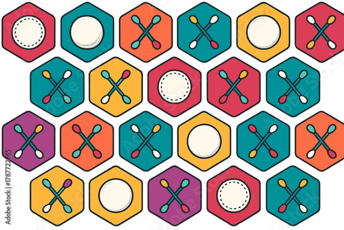 Seamless pattern of colorful cosmetic swabs and cotton pads in hexagons
