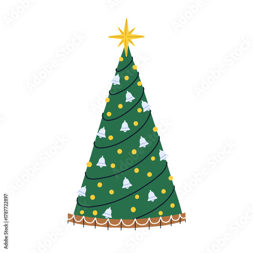 Decorated Christmas tree. Festive winter holiday fir adorned with baubles, be...
