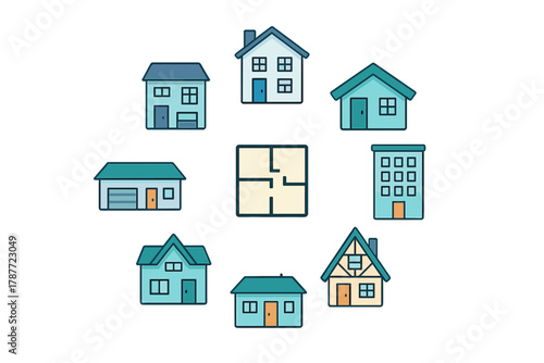 Various residential building types and floor plan layout icons