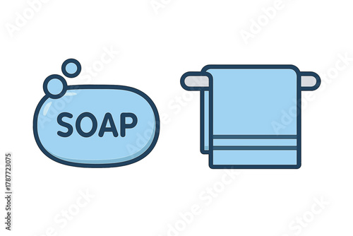 Bar of soap with bubbles and folded towel on rack icon set