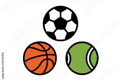 Set of three sports balls icons: soccer, basketball, and tennis