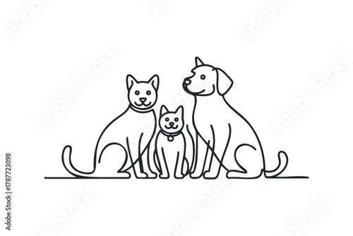 Simple outline drawing of three pets sitting together