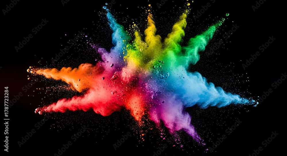 Obraz premium Explosion of vibrant colors against a stark black background, creating dynamic visual.