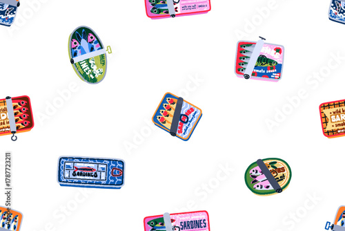 Seamless pattern with canned sardines. Repeating print with ocean fish in tin cans, packages. Preserved sea food, endless background design in doodle style. Flat vector illustration for wrapping