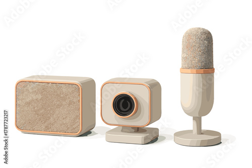 Retro style streaming equipment set with microphone camera and speaker