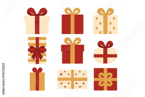 Assorted holiday gift boxes with decorative ribbons and bows