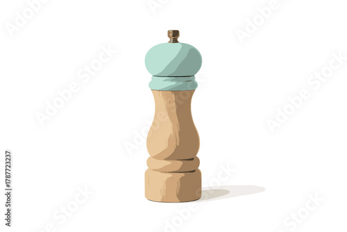 Wooden pepper mill with light blue painted top and metal knob