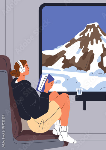 Travel by train with mountain window view. Calm railway trip, journey. Woman ...