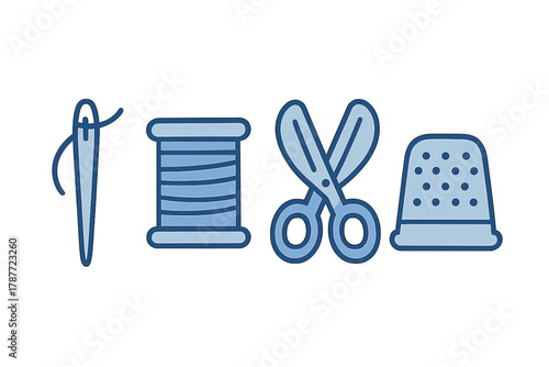 Set of essential sewing tools icons including needle thread spool scissors and thimble