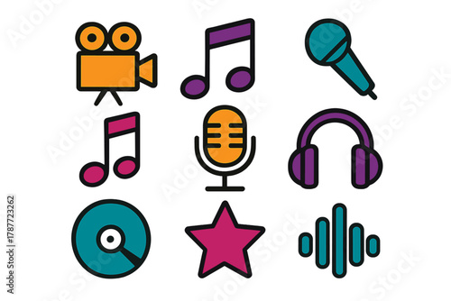 Vibrant media and music playback symbols featuring camera, notes, and microphone