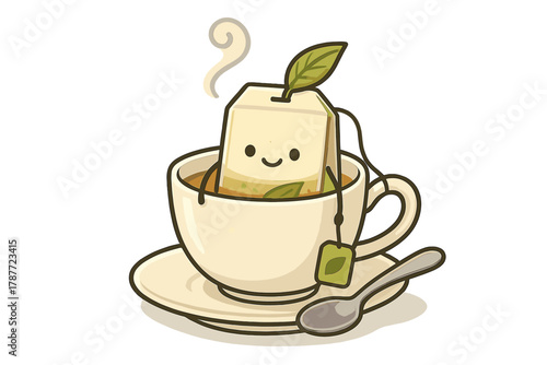 Happy tea bag character steeping in ceramic cup with spoon