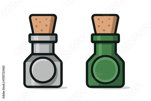 Two small glass potion bottles with cork stoppers side by side