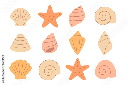Collection of assorted seashells and starfish icons in soft pastel colors