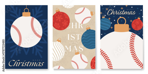 Baseball Christmas and New Year cards. Set of modern Christmas posters. Flat xmas design for xmas party invitation. Vector illustration Minimal art banner, poster, cover templates