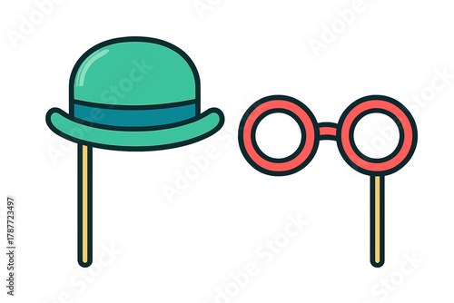 Photo booth props set featuring bowler hat and round glasses on sticks