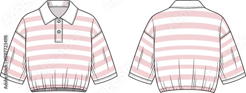 Flat sketch of striped cropped polo shirt front and back view with elastic hem, cuffed sleeves, vector fashion illustration for stock