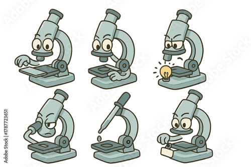 Cartoon microscope characters performing various laboratory actions and expressing emotions