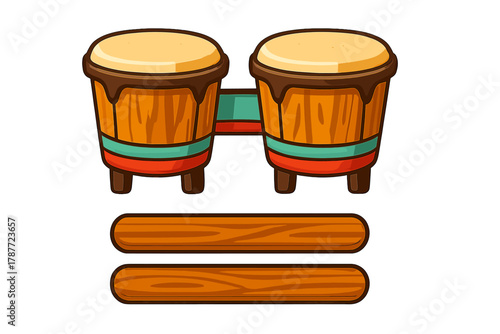 Cartoon bongo drums percussion instrument with wooden sticks