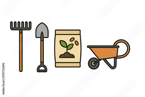 Essential gardening tools and supplies icons set for cultivation and yard work