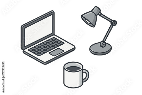 Isometric desk objects featuring laptop, lamp, and coffee mug on tabletop