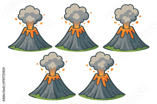 Cartoon erupting volcanoes with smoke and flowing lava