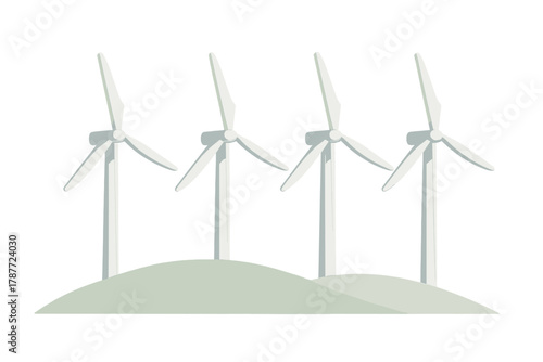 Four wind turbines generating clean renewable energy on rolling green hills