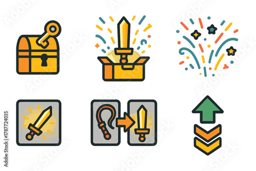 Game reward icons set featuring treasure chest key sword and upgrade symbols