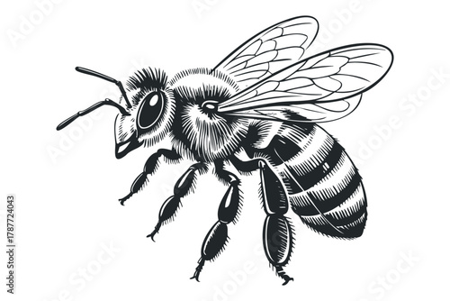 Detailed black and white drawing of a honeybee with wings extended