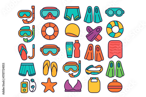 Colorful icons for swimming and snorkeling water sports equipment