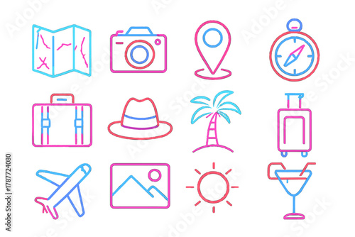 Colorful neon line icons depicting travel and vacation elements