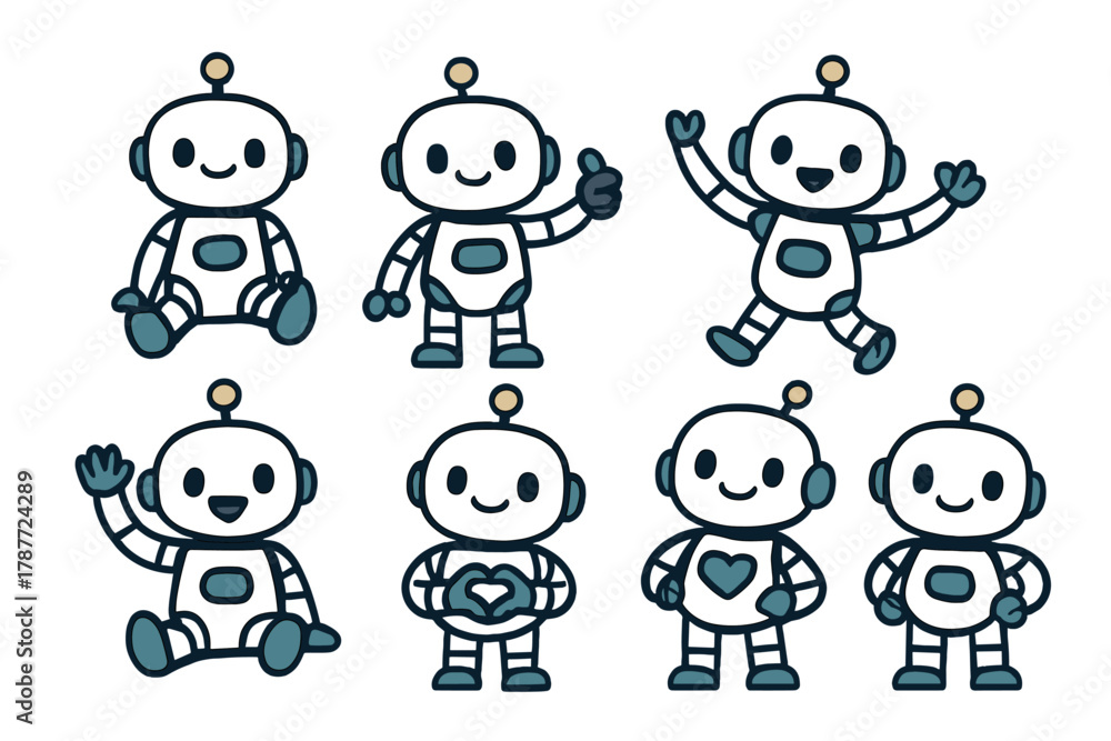 Obraz premium Collection of cute cartoon robot characters with various friendly gestures